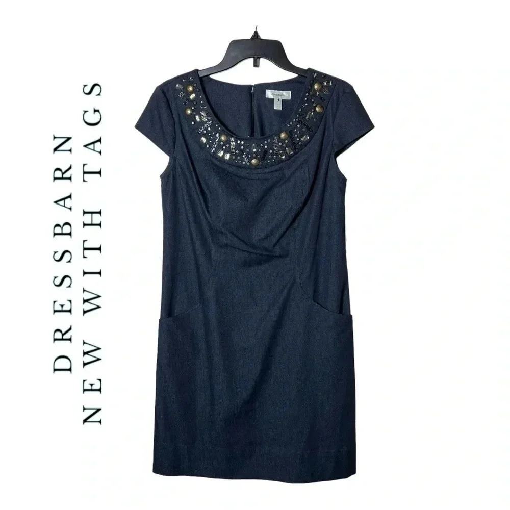 1848. DRESSBARN BEJEWELED MINI LENGTH DRESS CAP SLEEVES SIZE 8 CHAMBRAY MATERIAL